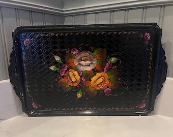 Vintage Black Floral Toleware Metal Tray, Hand Painted Flowers, Lacquered with Handles and Raised Design, Decor