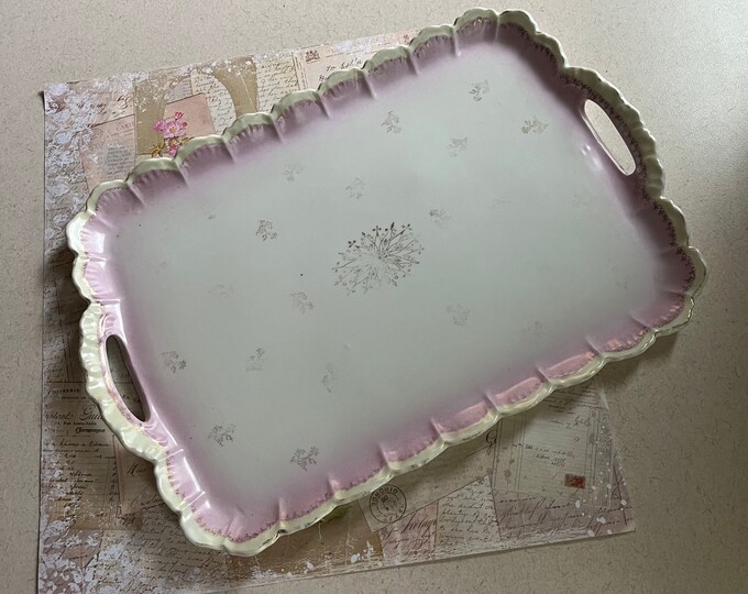 Antique Edwardian Porcelain Vanity Tray With Handles and Scalloped Edge