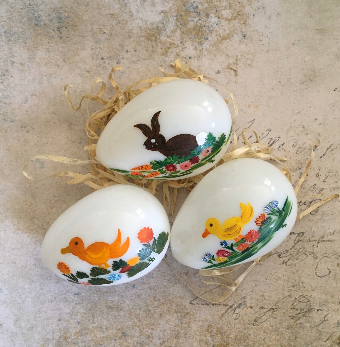 Vintage Blown Milk Glass Easter Eggs Hand Painted With Bunny Etsy