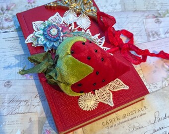 Vintage Book Assemblage, Red, Velvet Strawberr, Seed Bead Accents, Lace, Victorian Floral Poem, Home Decor