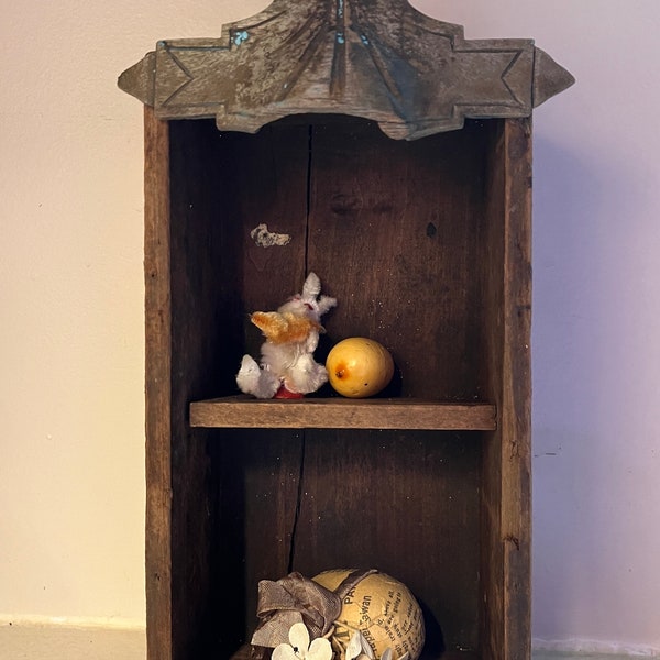 Vintage Rustic Wooden Divided  Box Shelf, Two Compartments to Display Vintage Keepsakes, Use for Seasonal Display, With Egg & Chenille Bunny