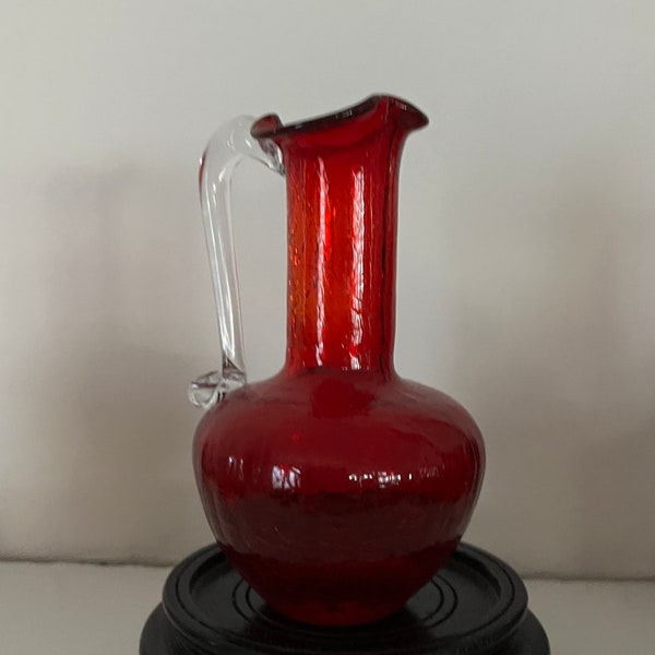 Vintage Red Crackle Glass Pitcher, Lovely Hand Blown Pitcher with Applied Clear Glass Handle, Great Valentine Decor, Collectible Keepsake