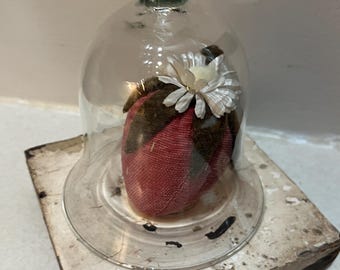 Vintage Vignette with Wood Architectural Rosette, Glass Cloche with Fabric Strawberry, Home Decor