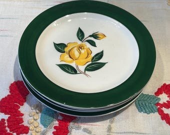 Vintage Side Plates Set of 4, Green Border with Yellow Rose, Cronin China National Brotherhood Operative Potters