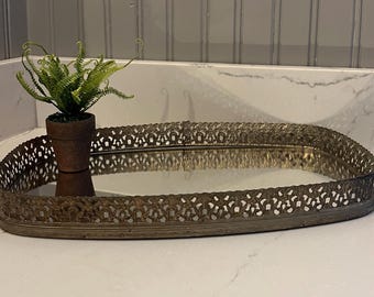 Vintage Vanity Mirror in Brass Filigree, Large Oval Vanity Tray, Perfume Bottle Display, Delightful Gift