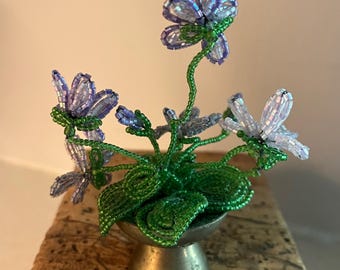 Vintage French Beaded Flowers; Purple Violets with Green Beaded Leaves, Brass Vase, Collectible