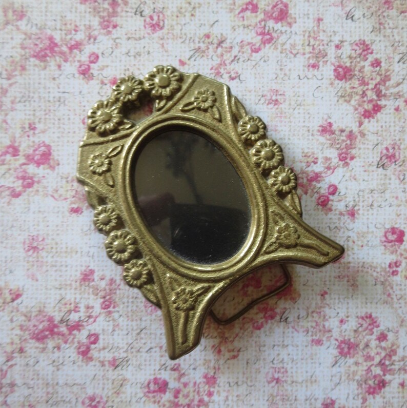 Vintage Miniature Picture Frame in Golden Brass with Sweet Repousse Forget Me Not Flower Design and Easel Back and Backing Paper