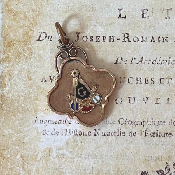 Antique IOOF Odd Fellows Masonic Fob Charm, Three Enameled Links for Friendship, Love and Truth, G, Compass, Square, Gold Filled