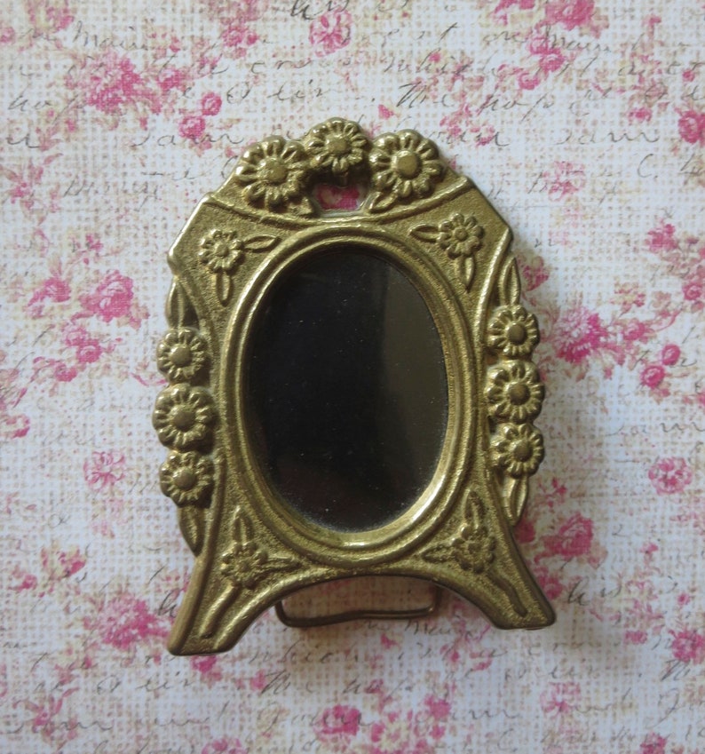 Vintage Miniature Picture Frame in Golden Brass with Sweet Repousse Forget Me Not Flower Design and Easel Back and Backing Paper