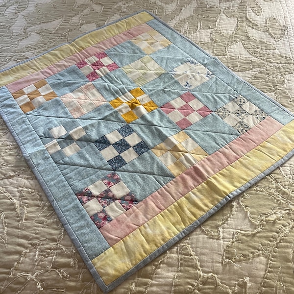 Vintage Baby Quilt, Nine Patch Design with 25 Squares, Multi Color Pastels, Blue Borders, Machine Quilted, Baby Room, Tummy Time