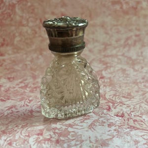 Vintage Czech Cut Glass Perfume Bottle Miniature, Decorative Metal Crown Pull Off Lid