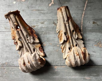 Antique Cast Iron Architectural Pediments, Leaf Accent, Old Building, Pair of Decorative Salvage Pieces, Shabby, Chippy Rustic Adornment