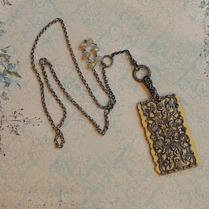 Antique Victorian Chatelaine Notebook, Filigree Design over French Celluloid Cover, Fancy Bail, Decorative Ring, Swivel on Necklace Chain