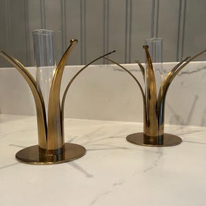 Vintage Pair of Mid Century Modern Brass Candle or Flower Holders with Glass Insert Made in Ystad Sweden by Ivar Ålenius Bjork, Retro Decor