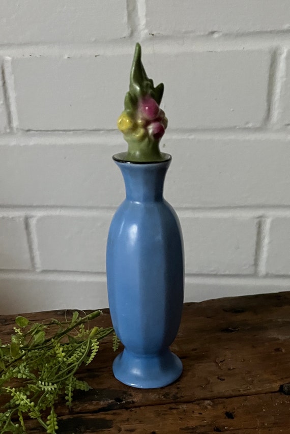 Antique Blue Ceramic Perfume Bottle with Faceted … - image 3