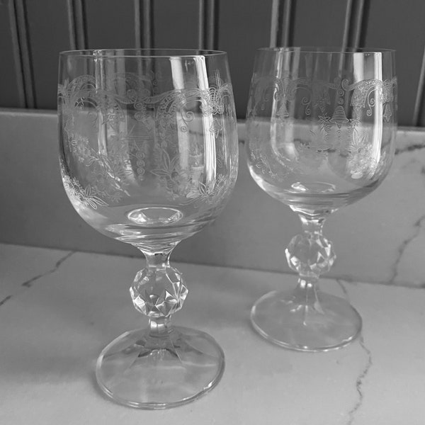 Vintage Crystal Glasses, Cascade Pattern with Etched Design, Faceted Accent on Stems, Toasting Glasses for Wedding or Anniversary Party