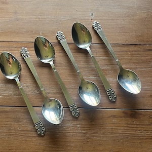 May include: A set of five silver-toned metal spoons arranged in a diagonal pattern. Each spoon features a smooth, polished oval bowl and a long, slender handle that terminates in a decorative, raised scrollwork design at the base of the handle.