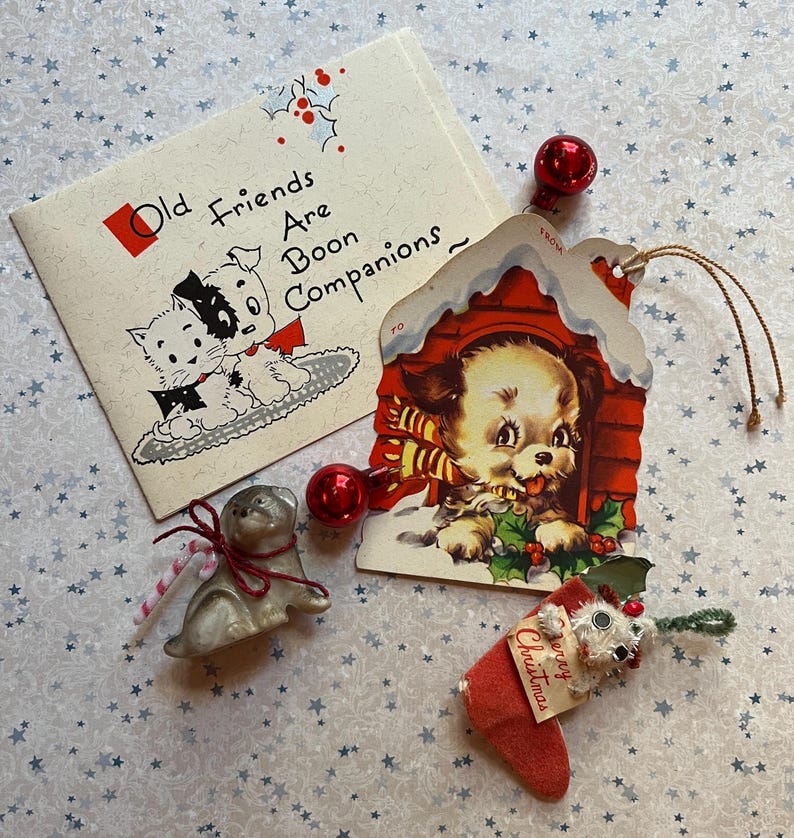 Vintage Dog Motif Christmas Collectibles, Dog Card, Dog Die Cut Paper
