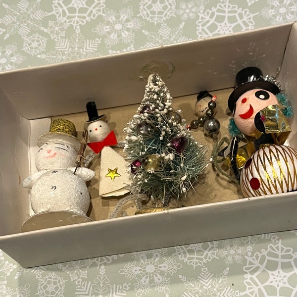 Vintage Christmas Box Mixed Lot of Vintage Christmas Decor: Spun Cotton Snowman, Snowmen Package Ties, Bottle Brush Tree, Kitschy Snowman