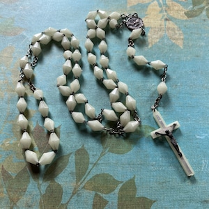 Vintage Rosary with Bicone Shape Glow in the Dark Prayer Beads and Descending Dove/Vatican City Centerpiece, Cross with Raised Corpus, Italy