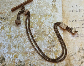 Antique Victorian Watch Chain, Double Chain, Aesthetic Design Slider and Connectors, T Bar, Gold Filled