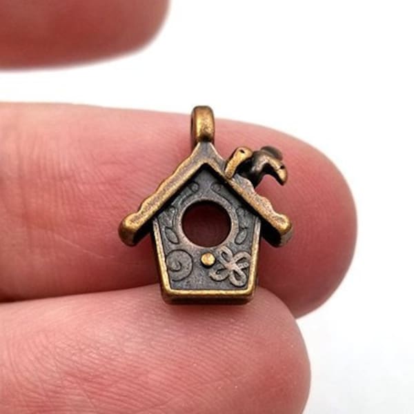 10 Bird House Charms copper tone metal birdhouse (S014-cnt)