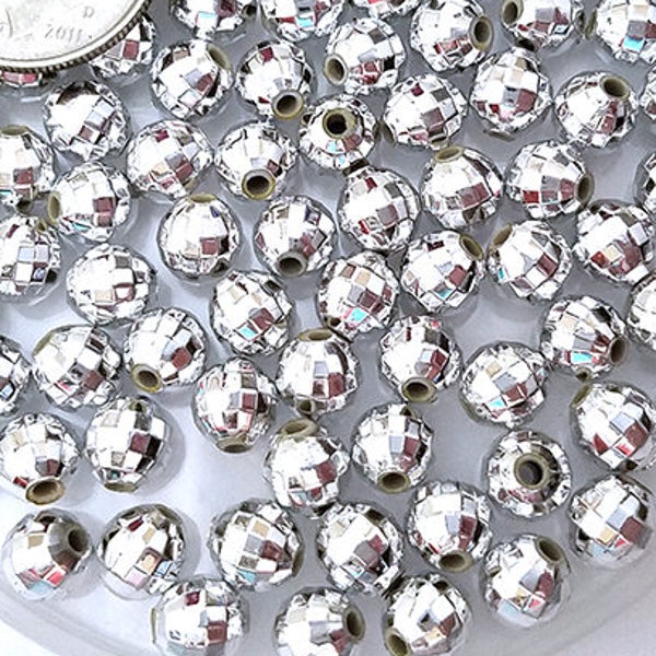 96 Metallic Silver Faceted Beads 6mm Acrylic Round disco ball