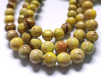 8MM Sea Sediment Jasper Imperial Jasper Beads, Strand of 48 beads, Yellow-Green & Brown Beads