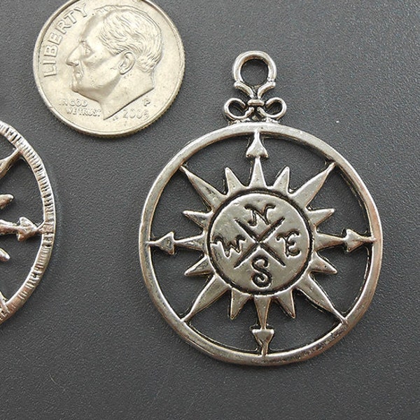 Large Silver Compass Charms Silvertone | Set of 4 Charms