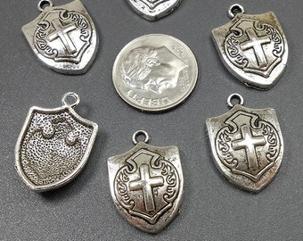 6 Shield charms antique silver tone SW41