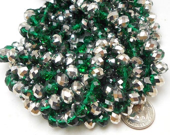 Green, Silver Glass Beads | 8x6mm faceted rondelle beads | Christmas Beads | Set of 20 Beads