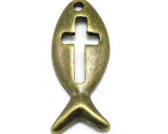 Solid 925 Sterling Silver Antiqued-Style Ichthus Fish Cross Pendant Charm 9mm x 20mm