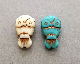 Ivory, Turquoise Glass Owl Beads | 18x11MM Metallic Bronze Turquoise Czech Glass Beads | Set of 4 Double-Sided Beads