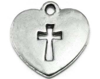 8 Cross Heart Charms Silver Tone Metal religious pendant