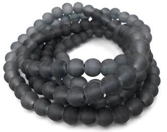 60 Black (Dark Gray) Matte Sea Glass Beads 6mm frosted beach glass round (H5027)