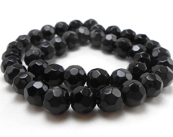 40 Faceted Black Glass Beads 8mm round beads