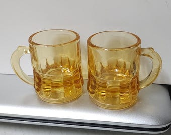 Set of 2 Vintage Federal Glass Yellow Amber Mini Beer Mug Shot Glasses