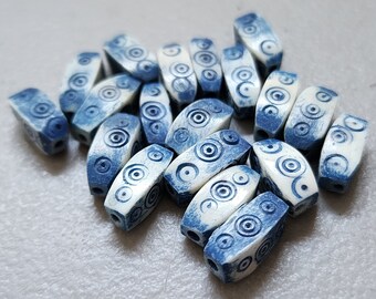 Blue & Natural White Carved Bone Beads