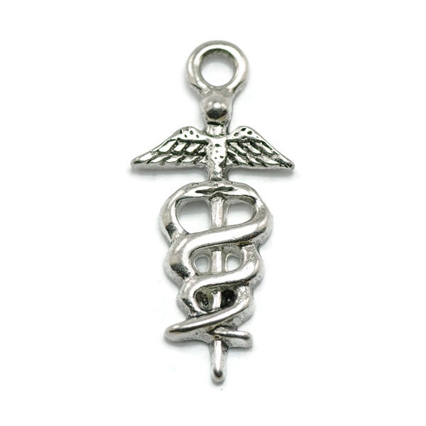 8 Caduceus Charms silver tone metal medical symbol