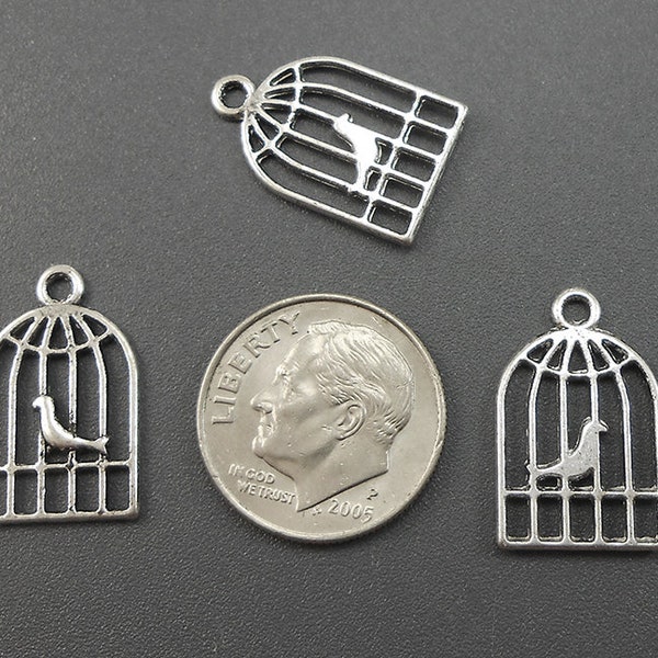 10 Silver Bird Cage Charms bird Silvertone Metal