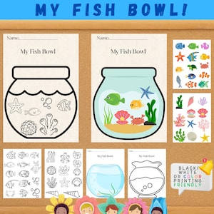 May include: A printable cut and paste activity for kids. The activity features a fish bowl with a variety of sea creatures to cut out and paste inside. The activity is black and white or color printing friendly.