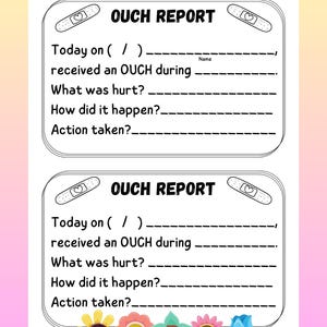 Informe OUCH - Tarjetas de informe de accidentes para padres y tutores / Enviar a casa