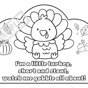 Puede incluir: Una página para colorear en blanco y negro con un pavo de dibujos animados con el texto "Soy un pavo pequeño, bajo y rechoncho, ¡mira cómo engullo todo a mi alrededor!"