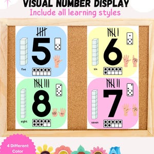 Pode incluir: Um conjunto de quatro cartões de exibição de números visuais coloridos que representam os números 5, 6, 7 e 8. Cada cartão inclui um número, marcas de contagem, uma torre de blocos, um dominó, uma mão com dedos que representam o número e um quadro de dez com pontos. O texto "Visual Number Display" e "Include all learning styles" está na parte superior da imagem. O texto "4 Different Color Variations!" está na parte inferior da imagem.