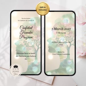 May include: Two smartphone screens showing an invitation for the "Confident Founder Program." The design includes a face silhouette with a tree, and the text "Edit in minutes." The event is on 7 March 2027.