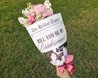 Bridesmaid Proposal Newspaper Flower Bouquet Wrap, Printable Bridesmaid Info Card, Newspaper, Proposal Canva Template, Instant Download | N1