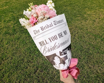 Bridesmaid Proposal Newspaper Flower Bouquet Wrap, Printable Bridesmaid Info Card, Newspaper, Proposal Canva Template, Instant Download | N1