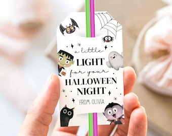 Printable Halloween Personalized Tags, Glow Stick Tag, Halloween Party Favor, Light for Halloween Night, Editable Template Favor Bag Tag T78