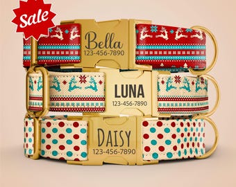 Christmas Dog Collar with Leash: Personalized Engraved Holiday Dotted Reindeer Pet Collar OP-98
