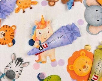 Duplo Einschulung Vorlage: Safari-Tiere mit Schultüte, Druckvorlage PDF | Schulanfang
